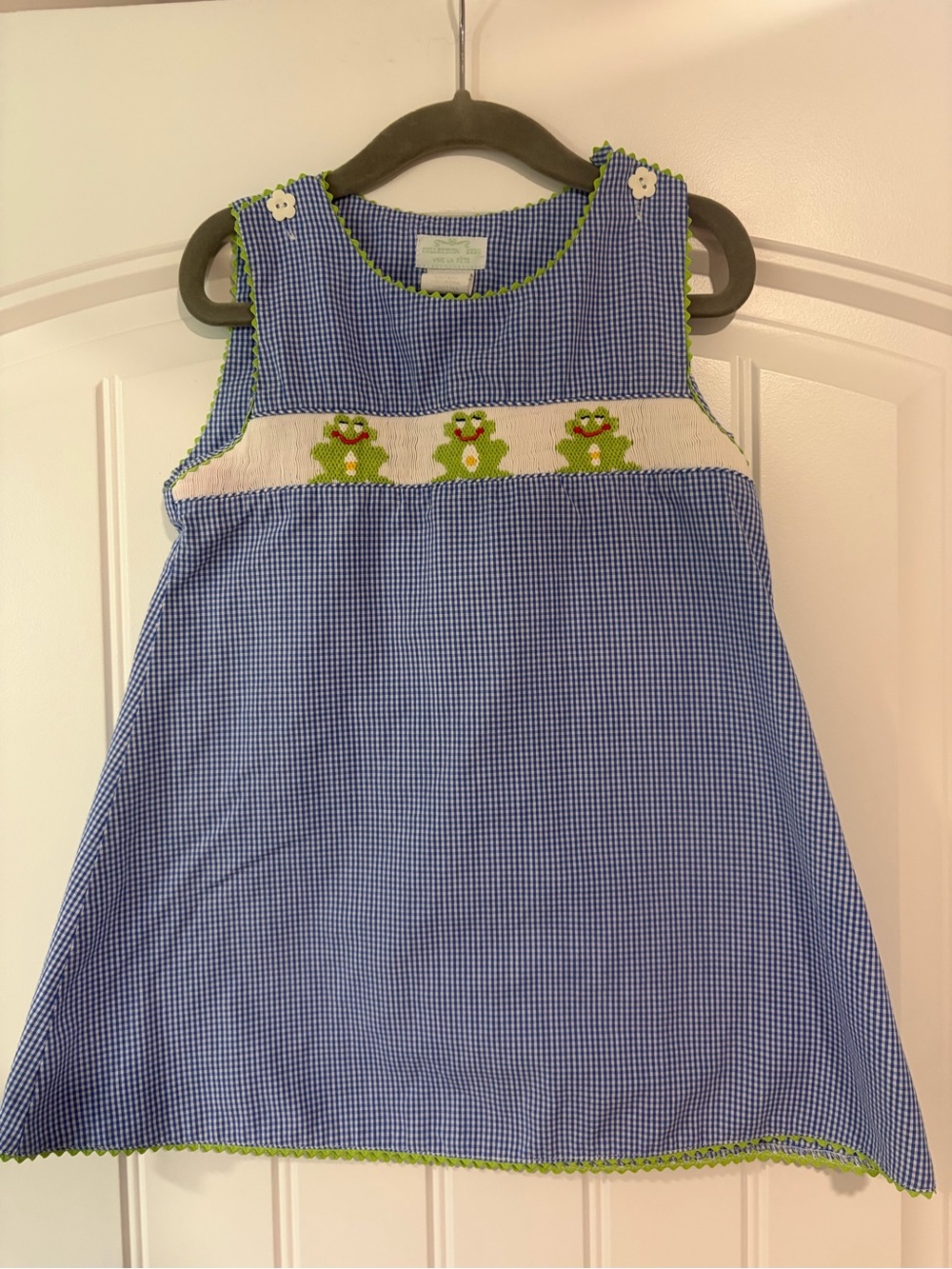 Collection B Blue Gingham Dress with Green Frog Smocking